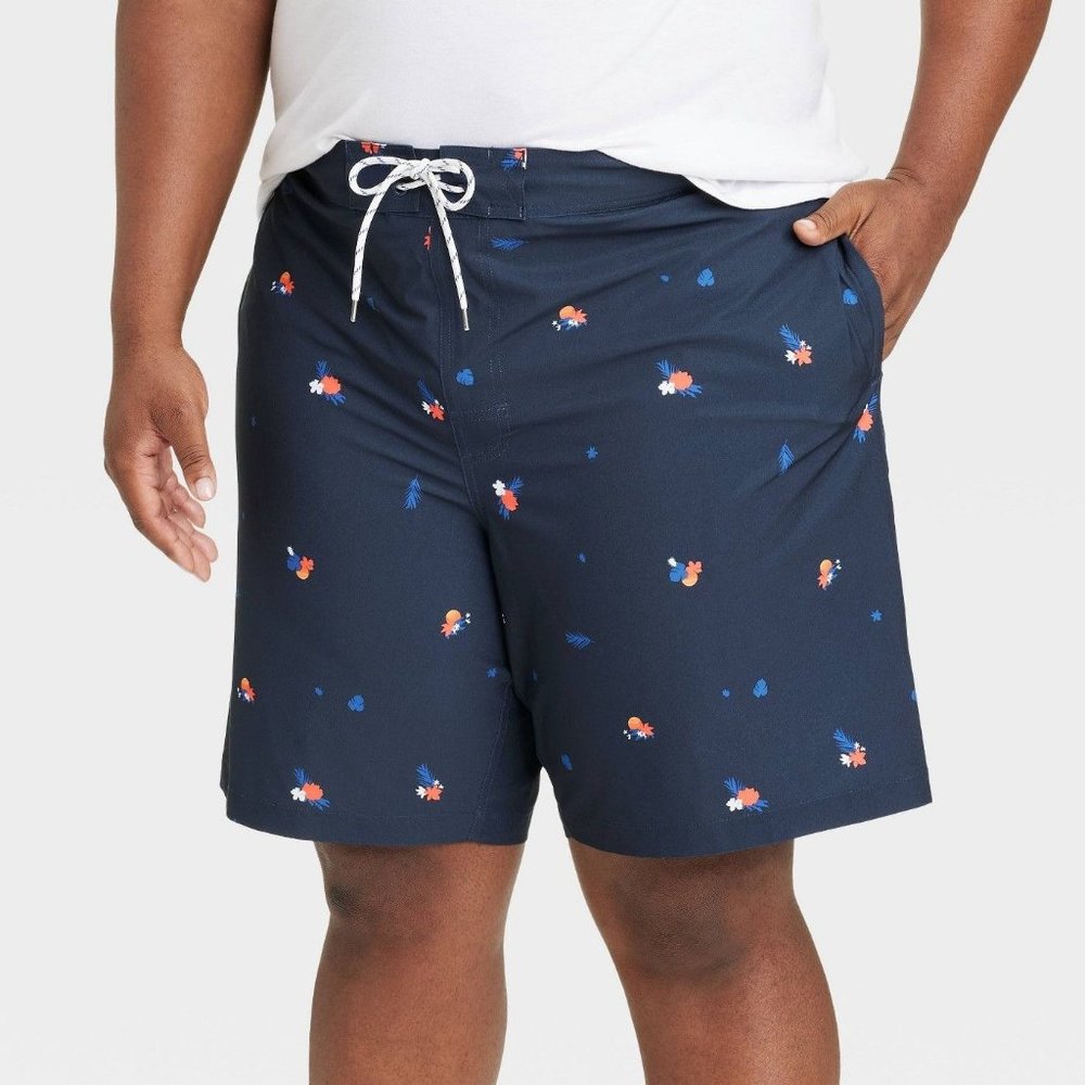 Men's Big & Tall 9" Sun Print E-Board Swim Shorts Goodfellow & Co Navy Blue 3XL